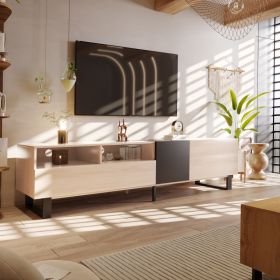 Modern TV Stand For 80'' TV With Double Storage Space, Media Console Table, Entertainment Center With Drop Down Door For Living Room, Bedroom, Ho (Option: Natural Wood)