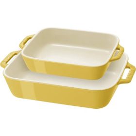 2 Piece Ceramic Stoneware Bakeware Casserole Baking Dish Set (Color: Yellow/Ivory)