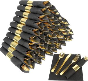 50 Pack Pre Rolled Rose Gold Plastic Silverware Set,Wrapped Plastic Cutlery Set with Napkin Include 50 Forks,50 Spoons (model: 75 pack black+gold)